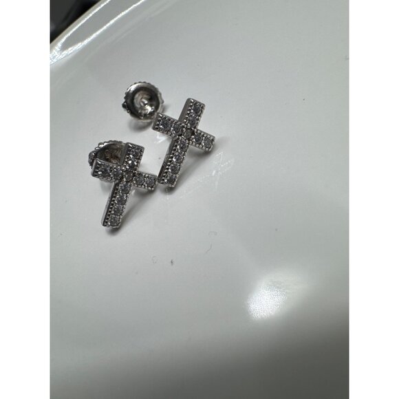 925 Sterling Silver Tiny Cross Stud Earrings With Screw Back - Picture 1 of 5